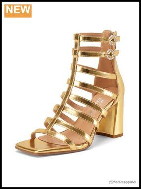Women's Gladiator Strappy Sandals Chunky Block Heel Square Open Toe Faux Leather